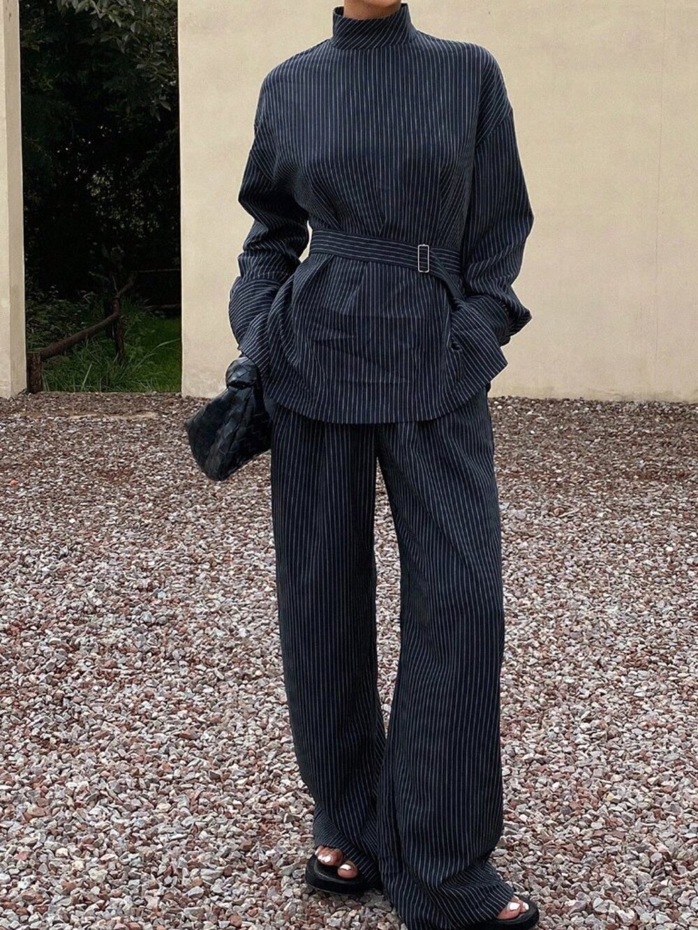Blue Casual Women's Striped High Collar Long Sleeve Belted Top And Pants Set